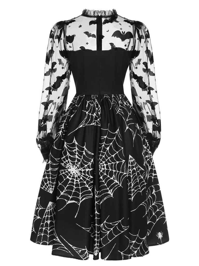 Schwarzes 1950er Halloween Fledermaus Kleid mit Mesh Ärmeln
