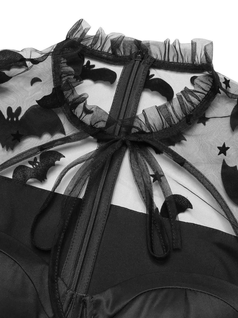 Schwarzes 1950er Halloween Fledermaus Kleid mit Mesh Ärmeln