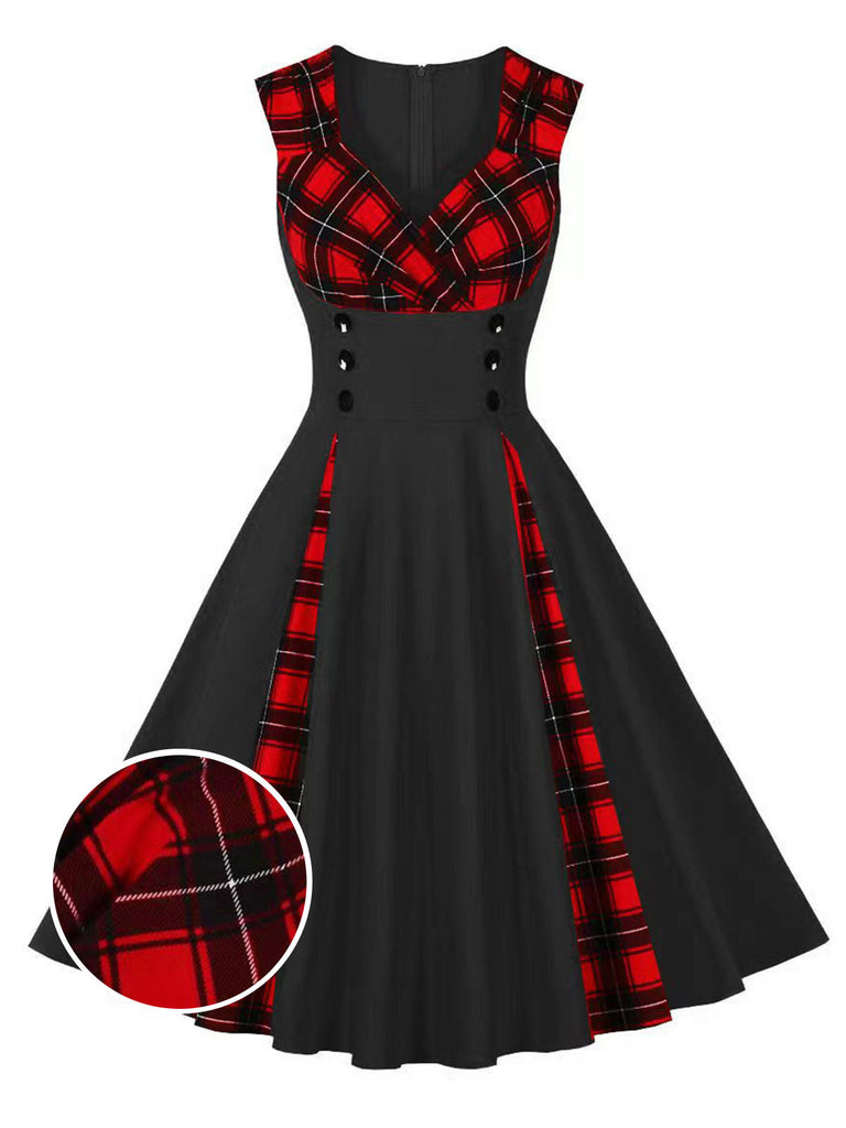 Rot-schwarzes 1950er Kariertes Kleid mit V-Ausschnitt