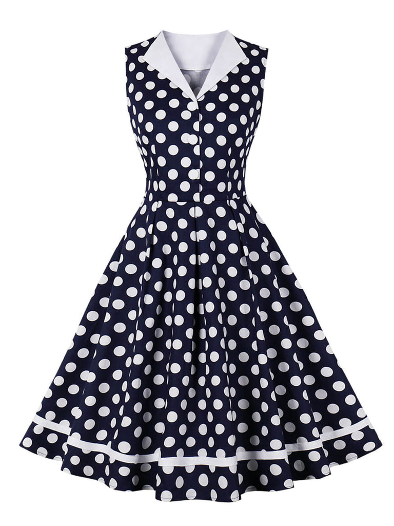 Marineblau 1950er Jahre Polka Dots Revers Kleid
