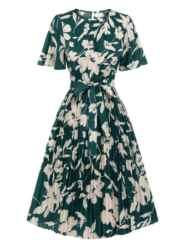 Grünes 1940er Kleid mit plissiertem Gürtel