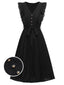 Schwarzes 1940er Solid Flying Sleeve Plissee-Kleid