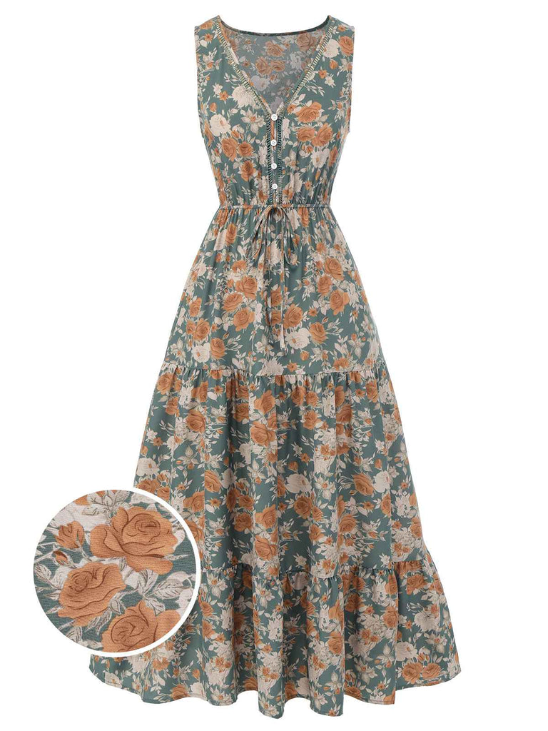 1930er V-Ausschnitt Florales ärmelloses Kleid