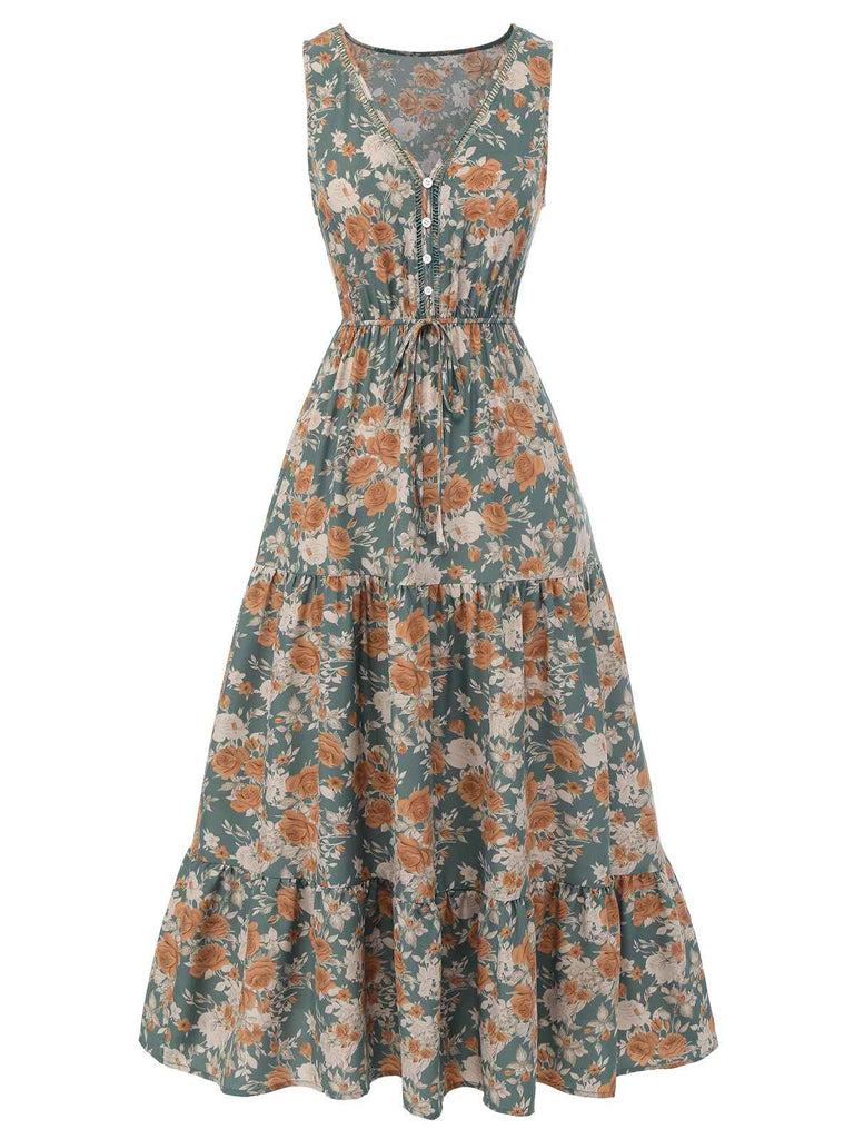 1930er V-Ausschnitt Florales ärmelloses Kleid