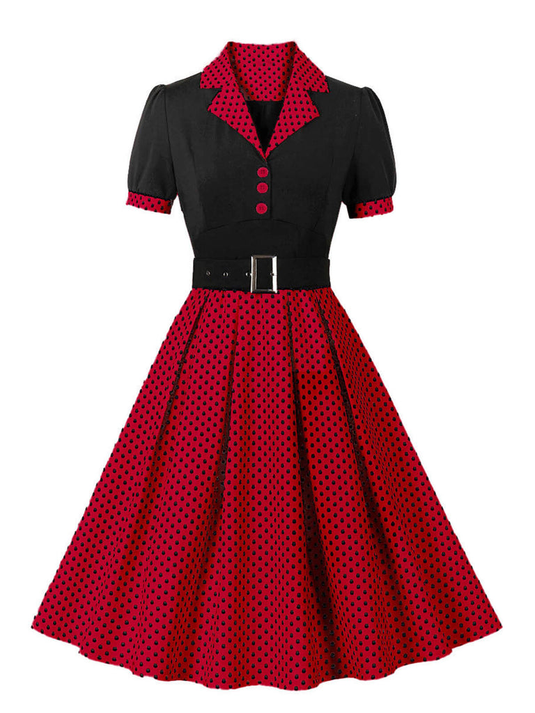 1950er Farbblock Polka Dots Revers Kleid