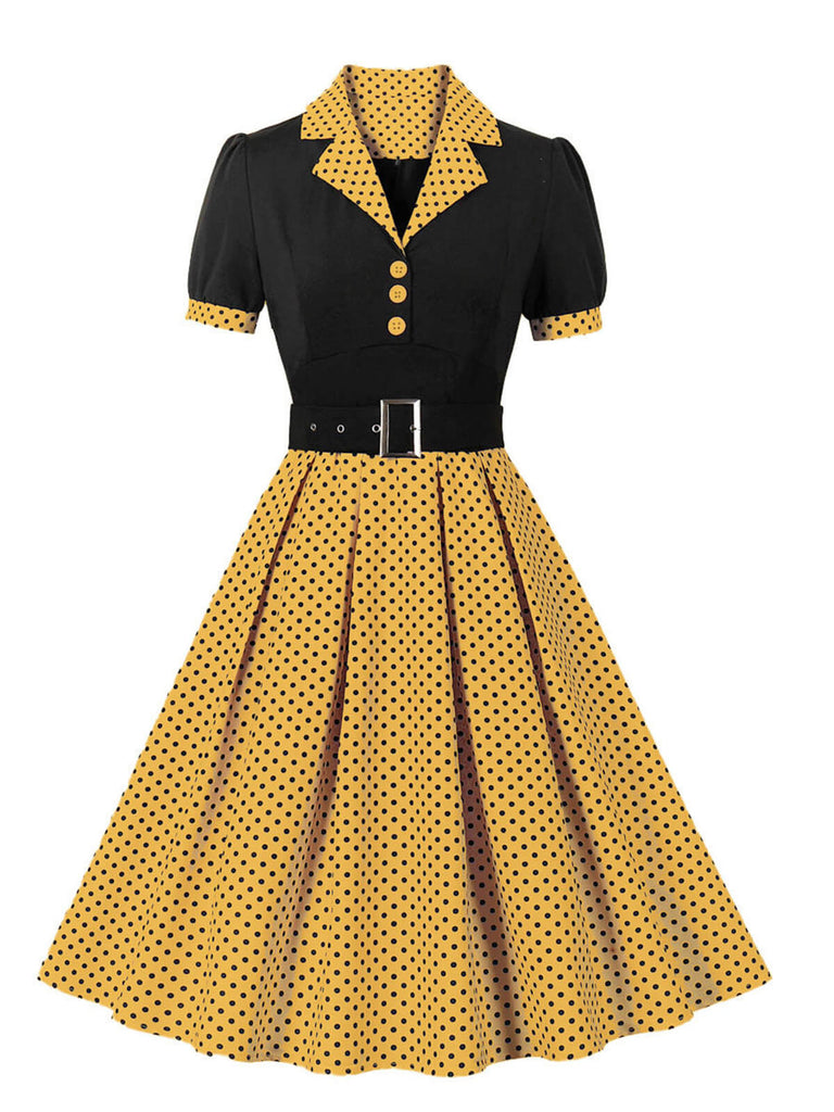 [Übergröße] 1950er Farbblock Polka Dots Reverskleid