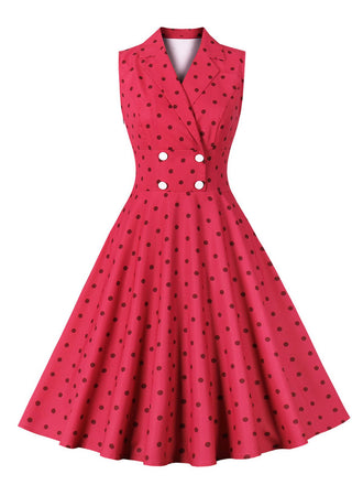 Rose Rot 1950er Ärmelloses Kleid mit gepunktetem Revers
