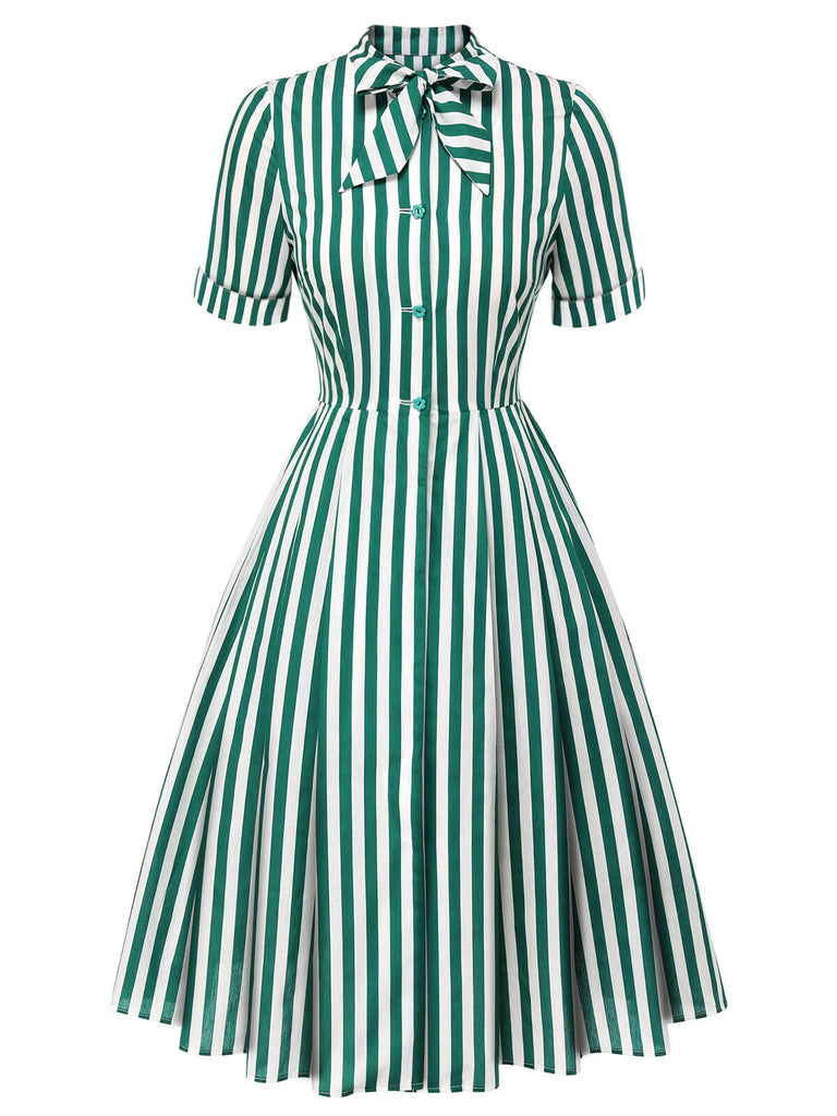 Dunkelgrün 1950er Krawattenausschnitt Gestreiftes Kleid