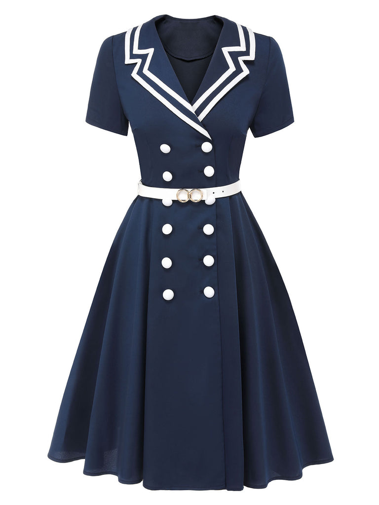 Dunkelblau 1950er Sailot Style Zweireihiges Kleid