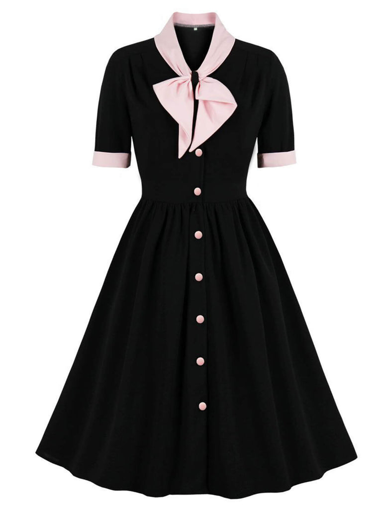 1940er Farbe Kontrast Knopf Revers Schleife Kleid