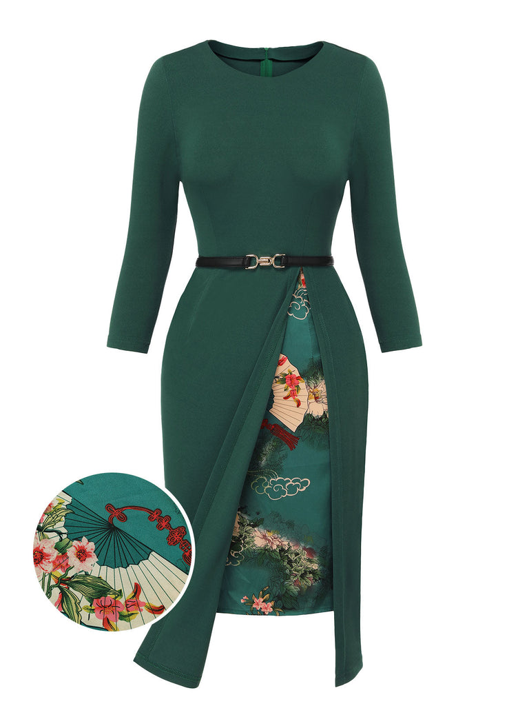 Dunkelgrünes  1940er Kleid mit Blumengürtel im chinesischen Stil