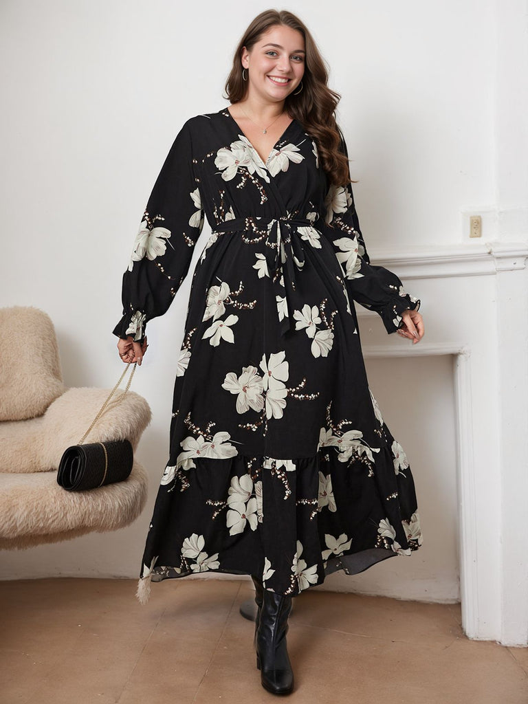 [Plus Size] Schwarzes 1930er V-Ausschnitt-Blumenkleid mit Schnürung