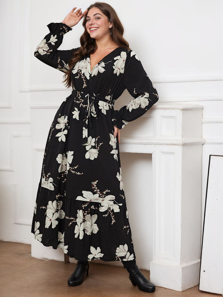 [Plus Size] Schwarzes 1930er V-Ausschnitt-Blumenkleid mit Schnürung