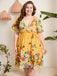 [Plus Size] Gelbes 1950er V-Ausschnitt Kleid mit Gürtel und Blumenmuster