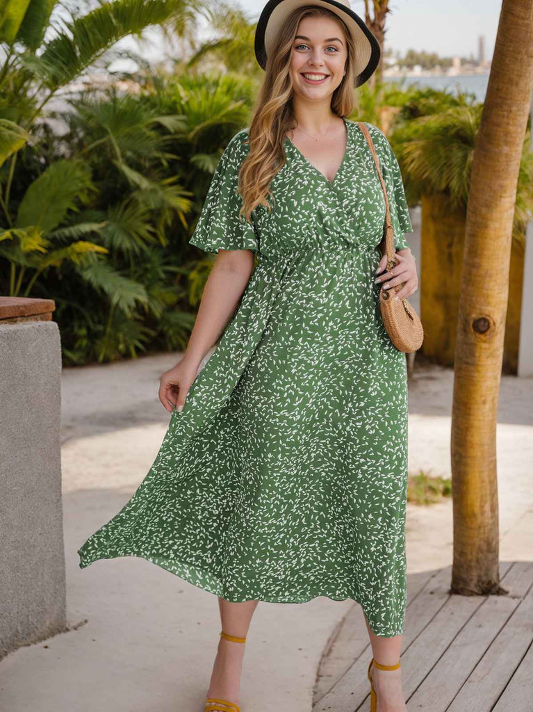 [Plus Size] Grünes 1950er Kleid mit V-Ausschnitt und kleinen Blättern