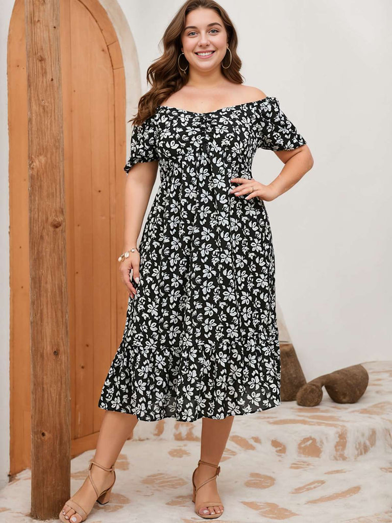 [Plus Size] Schwarzes & weißes 1950er Ditsy Floral Kleid