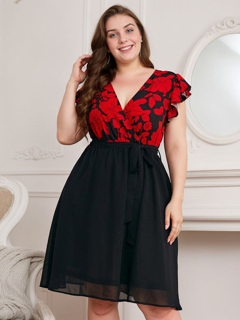 [Plus Size] Schwarzes 1950er Rotes Kleid mit Rüschenärmeln