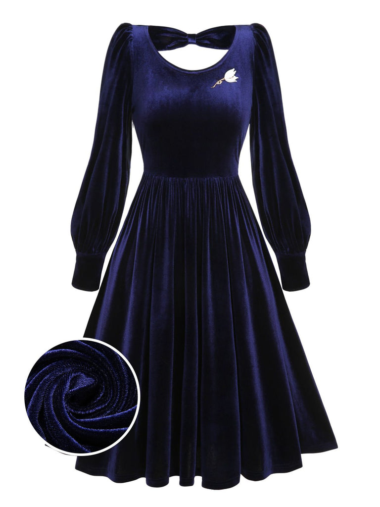 [Vorverkauf] Blau 1950er Samt Rückenausschnitt Broschenkleid