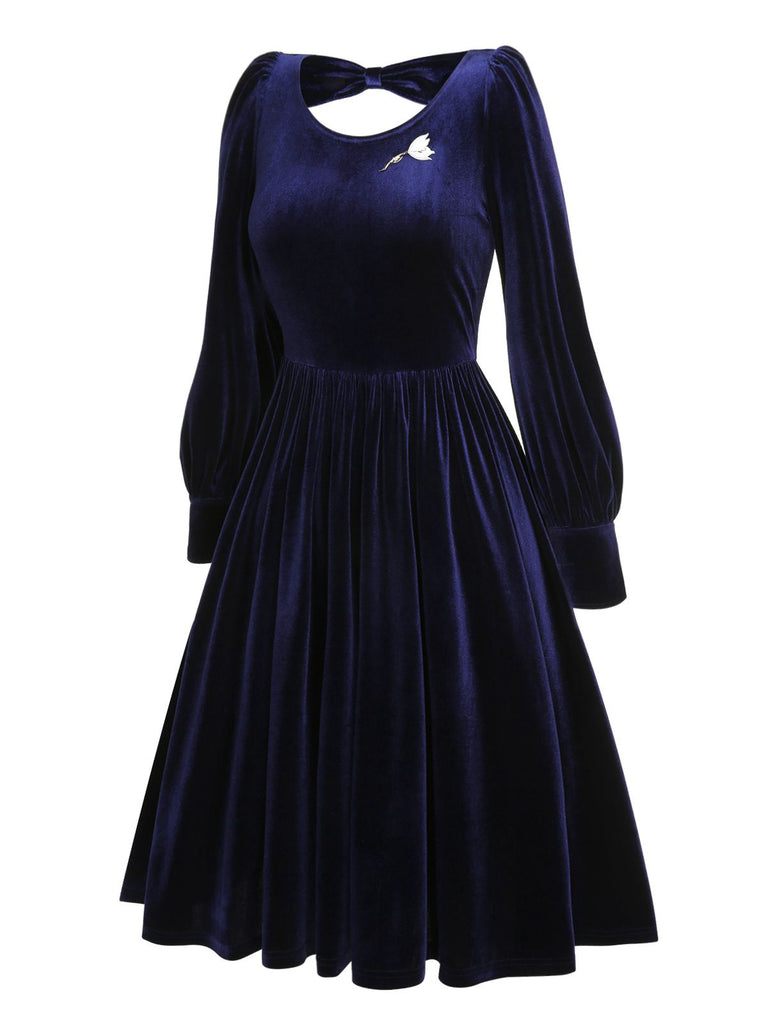 [Vorverkauf] Blau 1950er Samt Rückenausschnitt Broschenkleid