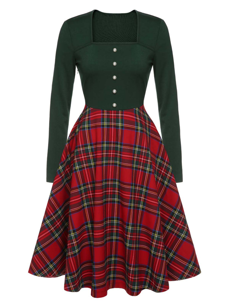 Grün&Rot 1950er Weihnachten Plaids Langärmeliges Kleid