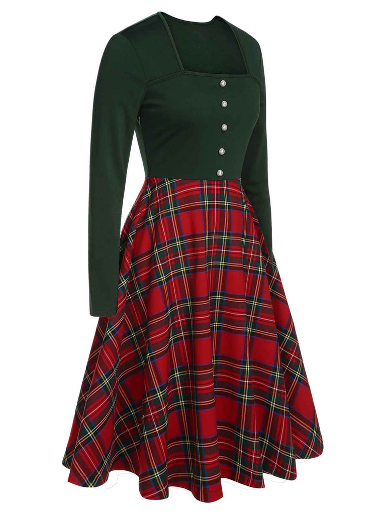 Grün&Rot 1950er Weihnachten Plaids Langärmeliges Kleid