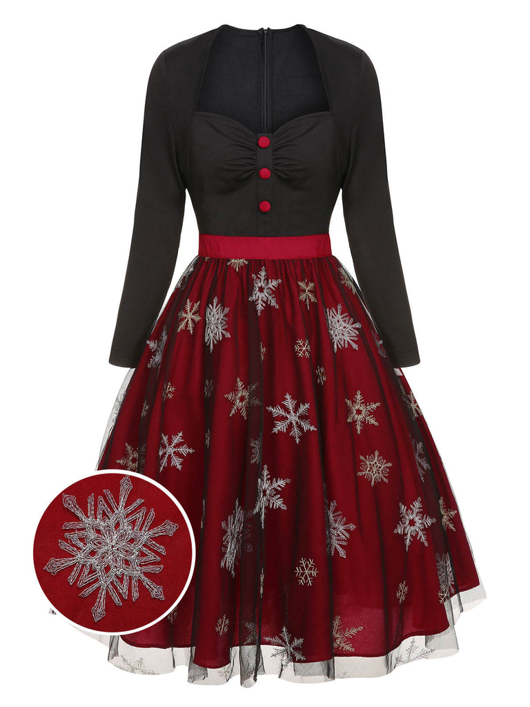 Schwarz & Rot 1950er Weihnachten Schneeflocke Mesh Kleid
