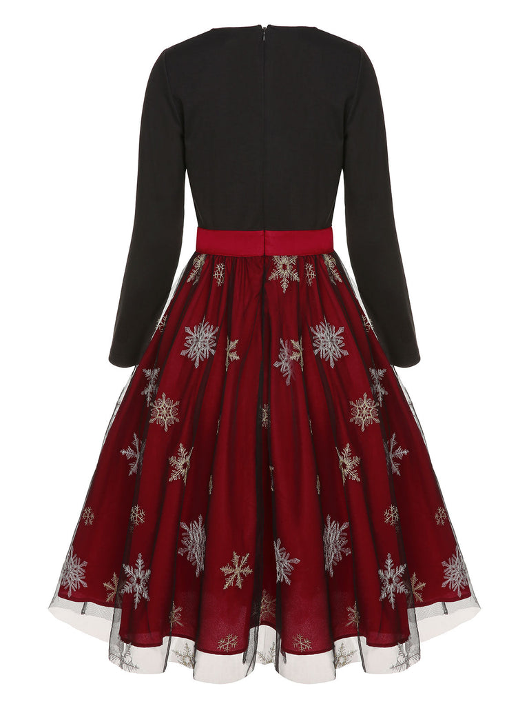 Schwarz & Rot 1950er Weihnachten Schneeflocke Mesh Kleid