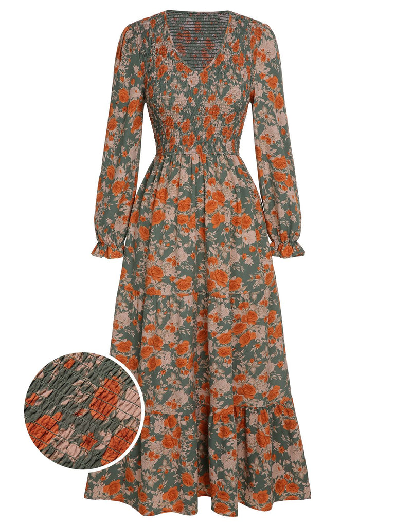 1940er V-Ausschnitt Blumenmuster Langärmeliges Kleid