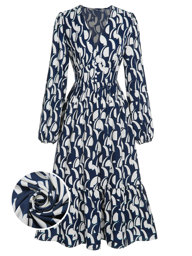 Marineblau 1930er Geometrisch Bedrucktes V-Ausschnitt Kleid