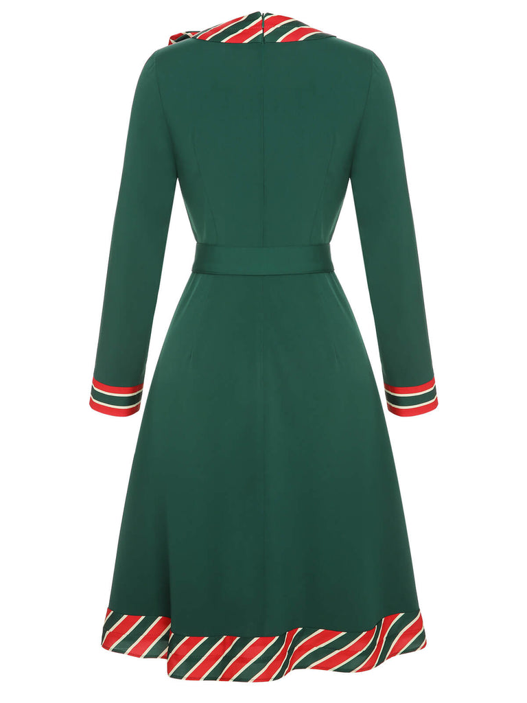 Grünes 1940er Streifen Patchwork Kleid mit Gürtel