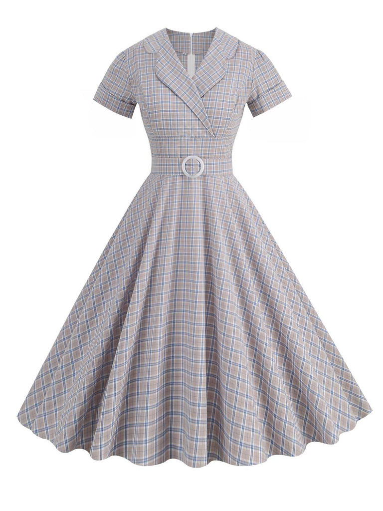 1950er Revers Plaids Gürtelkleid