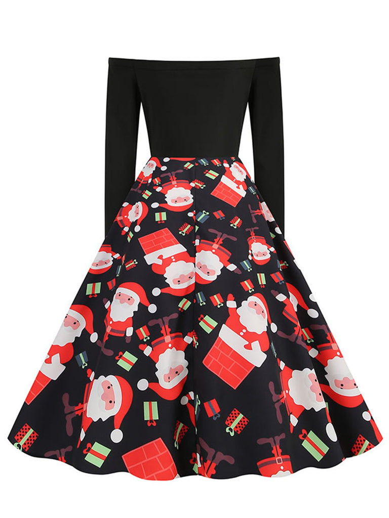 1950er Weihnachten Schulterfreies Patchwork-Kleid