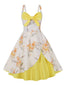 Gelb 1950er Trägerkleid mit floralem Patchwork-Kontrast