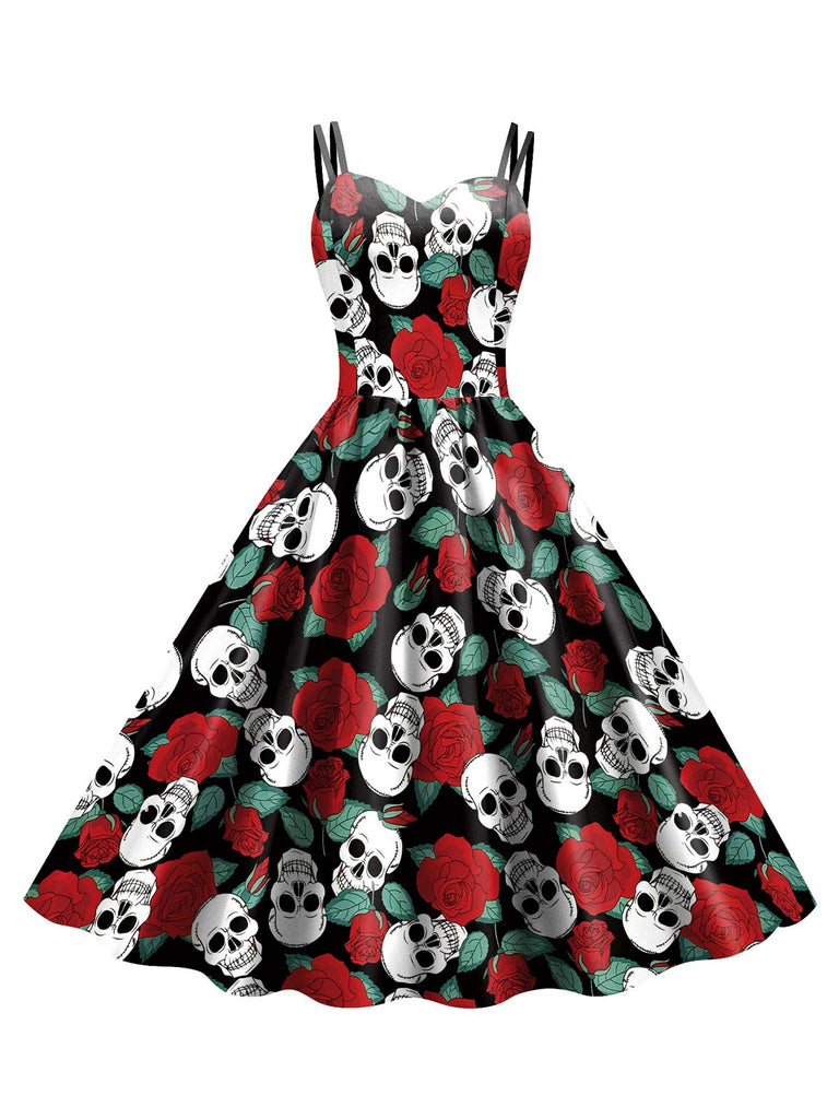 1950er Halloween Totenkopf Rose Trägerkleid