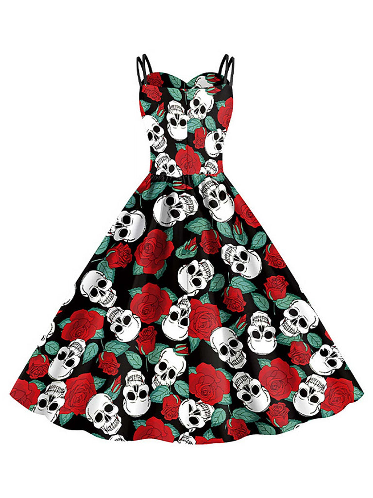 1950er Halloween Skelett Totenkopf Rose Trägerkleid