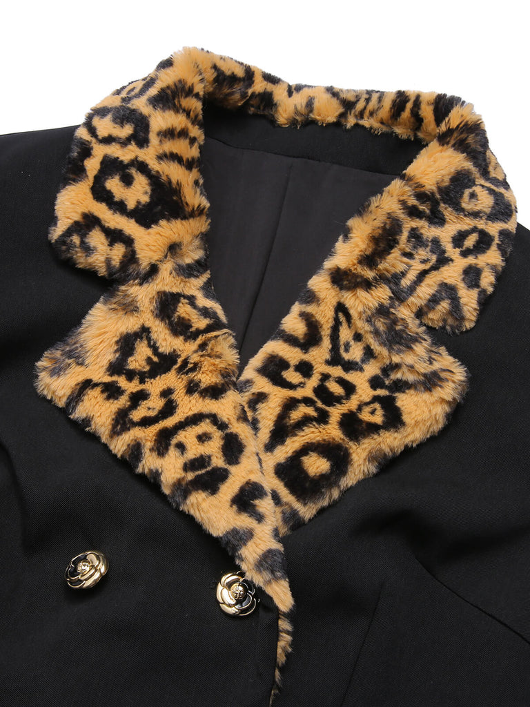 Schwarzer 1950er Leopard Revers-Taschenmantel