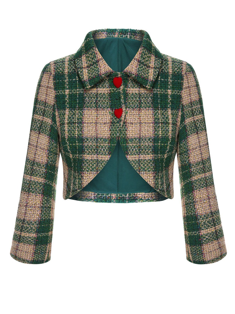 [Vorverkauf] Grün 1950er Revers Schottisches Plaid Kurze Jacke