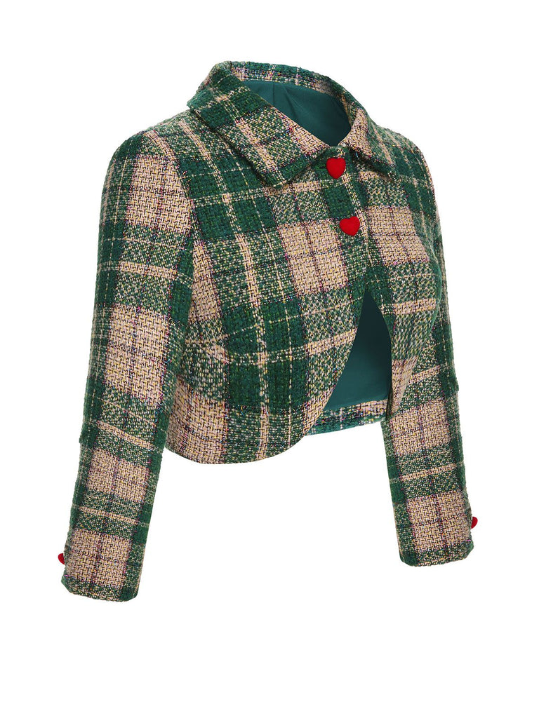 [Vorverkauf] Grün 1950er Revers Schottisches Plaid Kurze Jacke