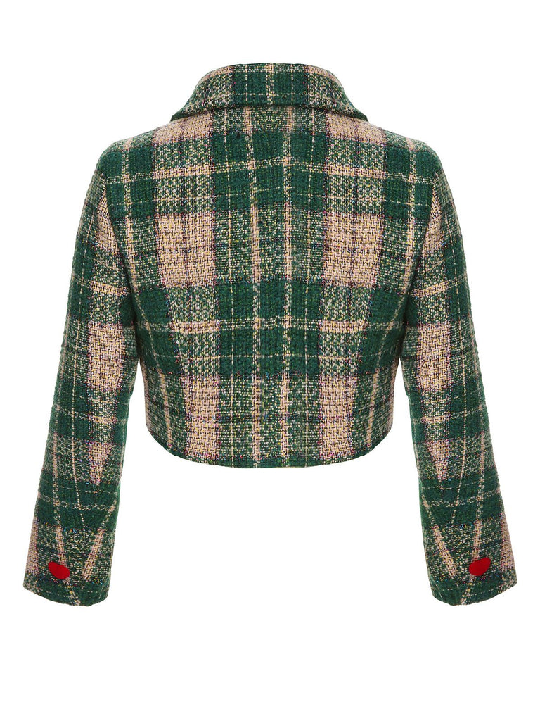 [Vorverkauf] Grün 1950er Revers Schottisches Plaid Kurze Jacke