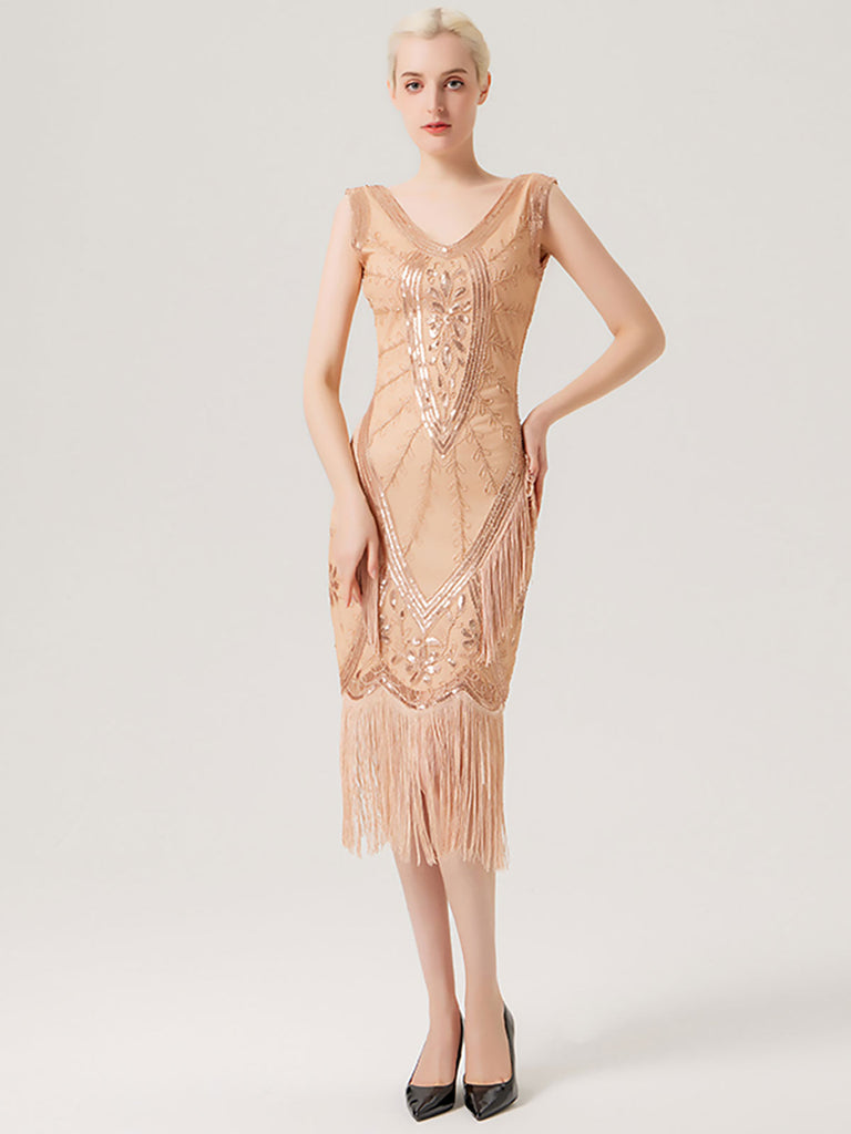1920er Ärmelloses Kleid mit Pailletten und Fransen