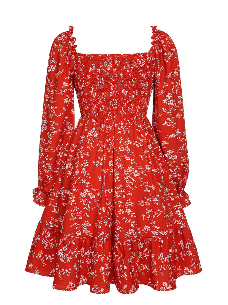 Rot 1950er Ditsy Floral Bishop Langen Ärmeln Kleid