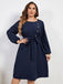 [Übergröße] Blaues 1950er Kleid mit hochgeschlossenen Laternenärmeln und Gürtel