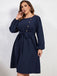 [Übergröße] Blaues 1950er Kleid mit hochgeschlossenen Laternenärmeln und Gürtel