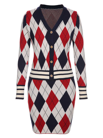 2PCS 1960er Strickjacke Mit V-Ausschnitt Und Rock Mit Karomuster