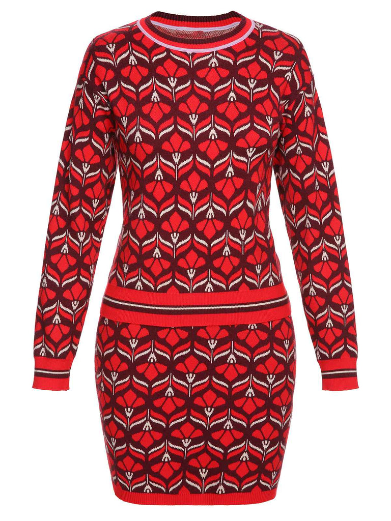 Red 1960s Christmas Woolen Jacquard Dress