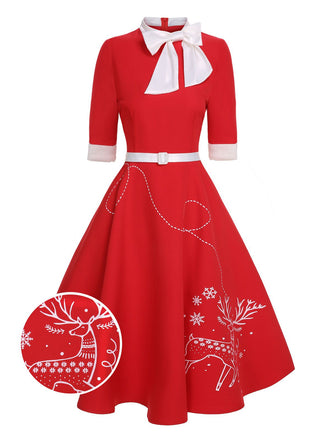 Rotes Weihnachtskleid 1950er Elch Schleife Patchwork Gürtel Kleid