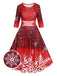 Weinrot 1950s Weihnachten Schneeflocke Patchwork Kleid