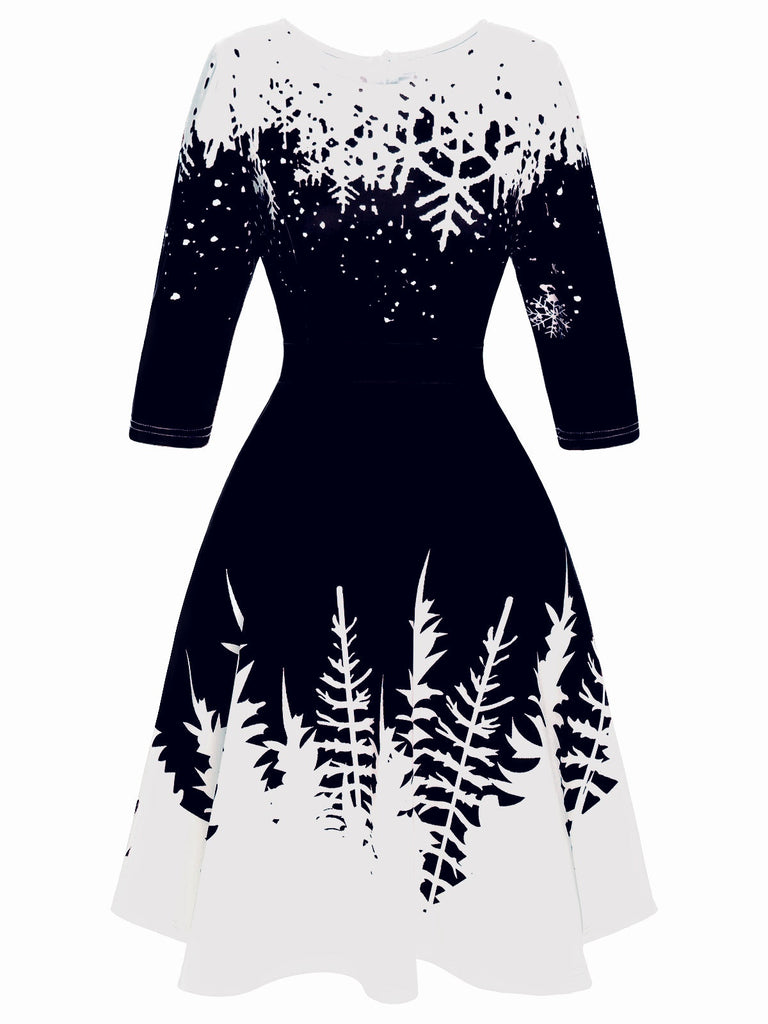 1950er Weihnachten Rundhalsausschnitt Schneeflocken Kleid