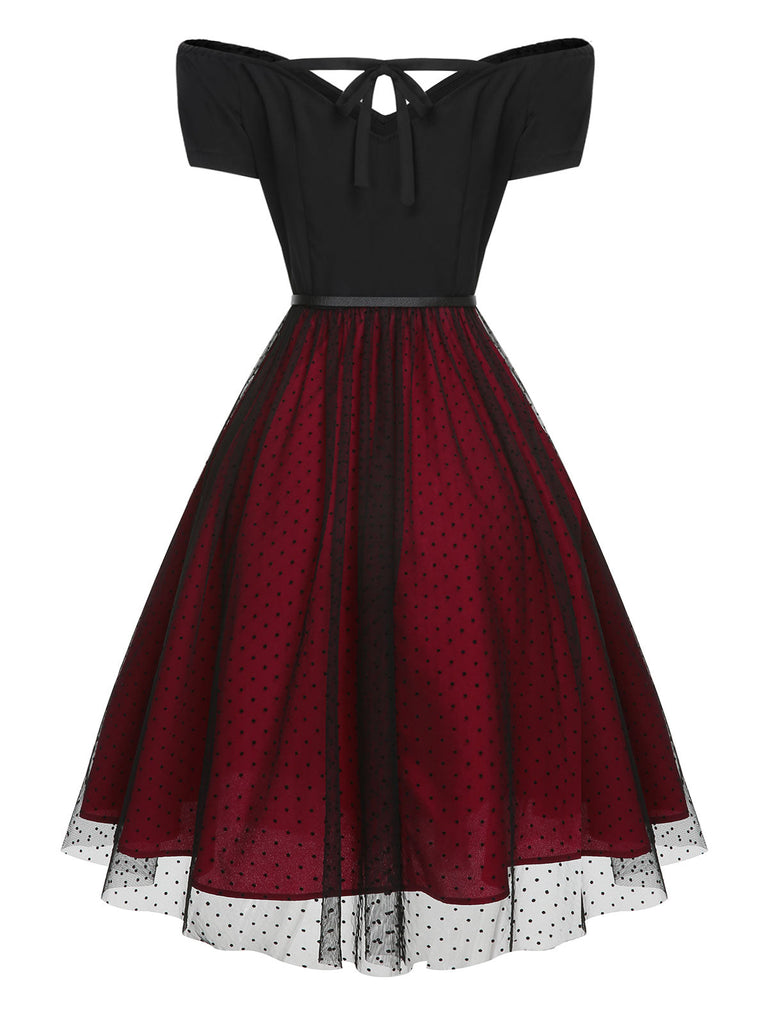Weinrot 1950er Gepunktetes Kleid Mit Schultergürtel