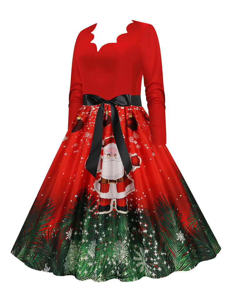 Weihnachten 1950er V-Ausschnitt Langarm Patchwork Kleid
